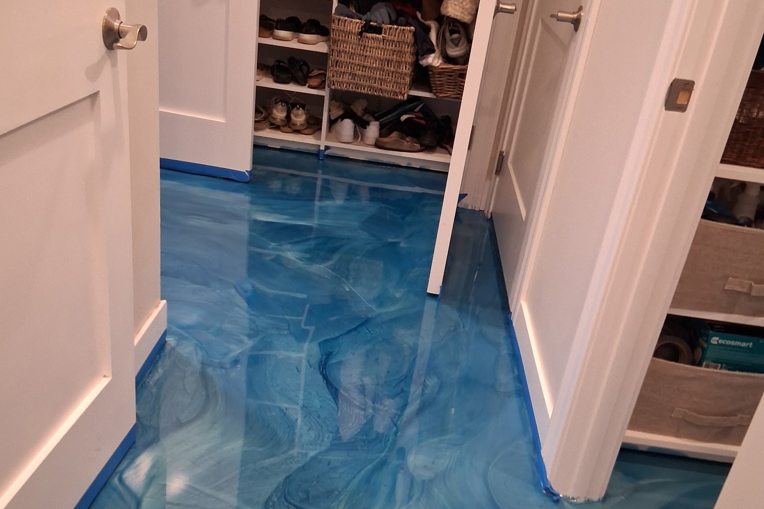 Blue metallic resin floor in a hallway